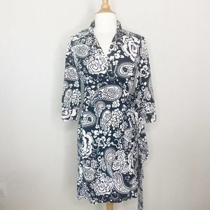 Ann Taylor Black and White 3/4 Sleeve Cotton Floral Wrap Dress Sz 4